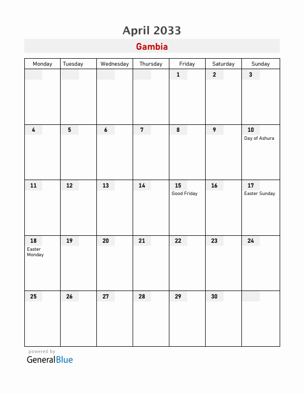 Gambia April 2033 Calendar with Holidays