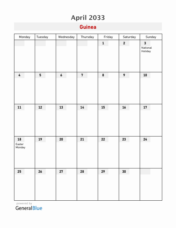 Guinea April 2033 Calendar with Holidays