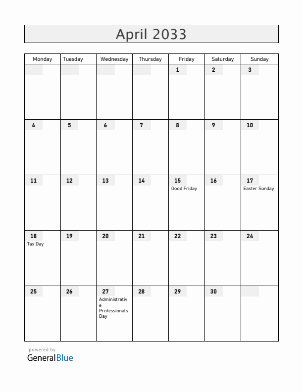 Guam April 2033 Calendar with Holidays