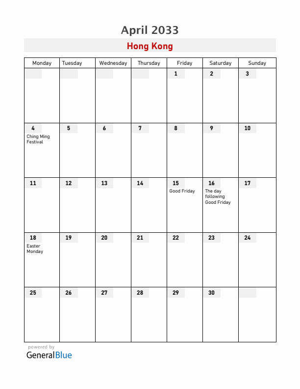 Hong Kong April 2033 Calendar with Holidays