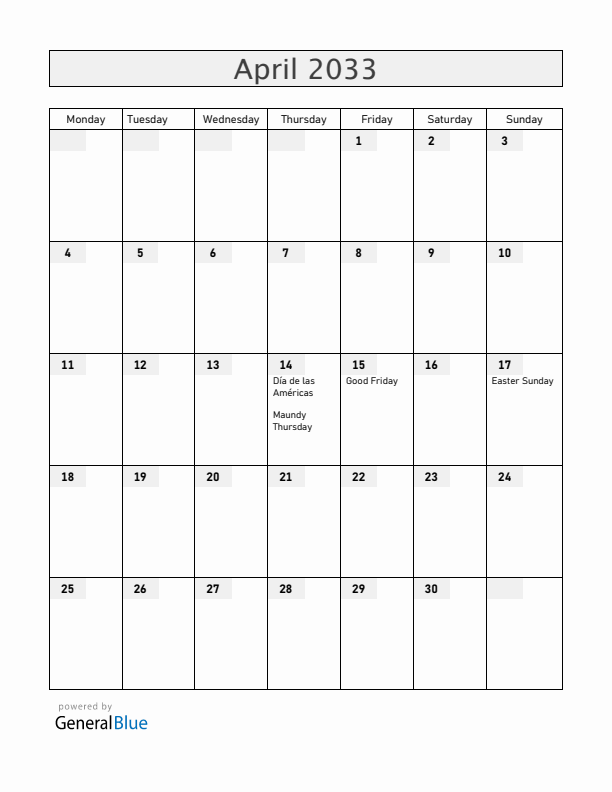 Honduras April 2033 Calendar with Holidays