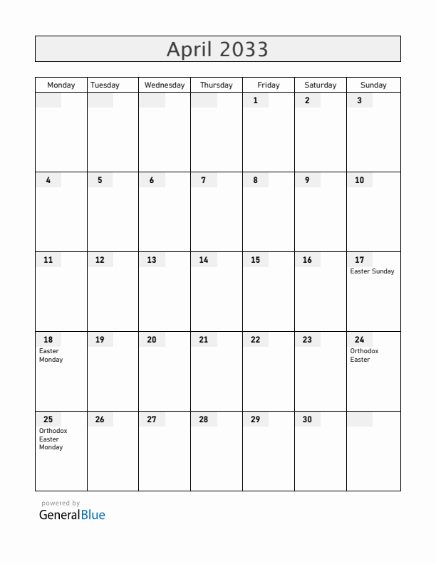 Croatia April 2033 Calendar with Holidays