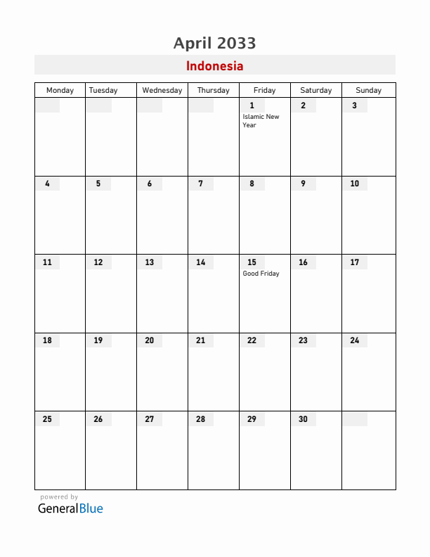 Indonesia April 2033 Calendar with Holidays