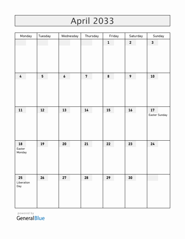 Italy April 2033 Calendar with Holidays