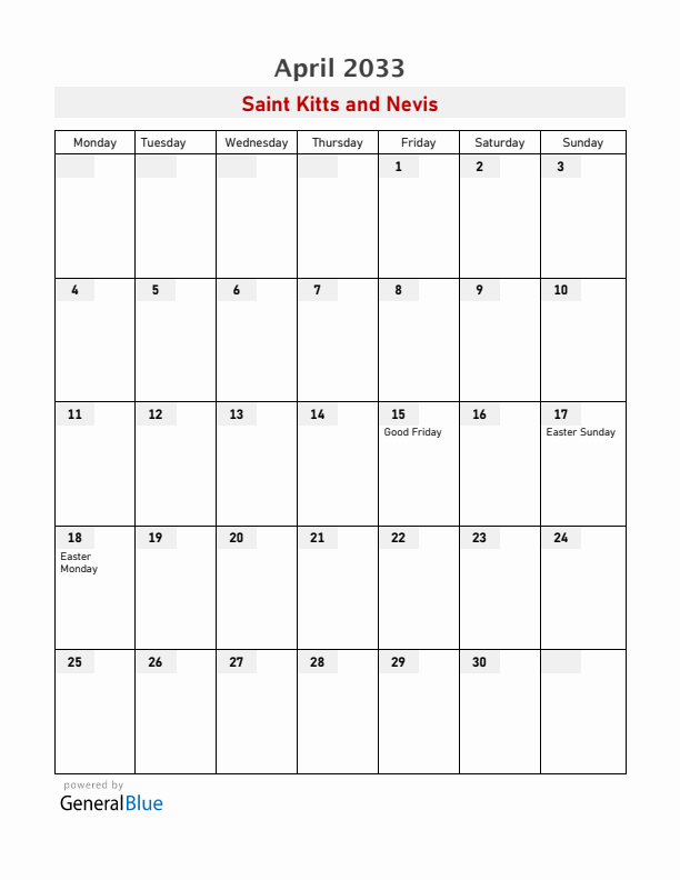 Saint Kitts and Nevis April 2033 Calendar with Holidays