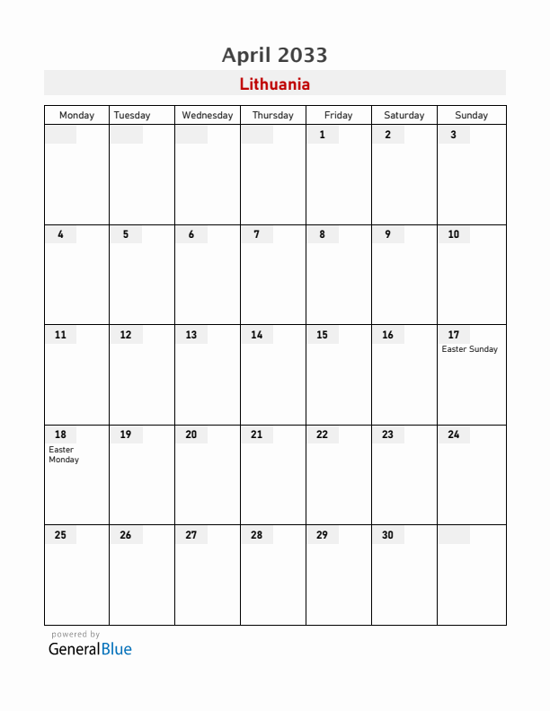 Lithuania April 2033 Calendar with Holidays