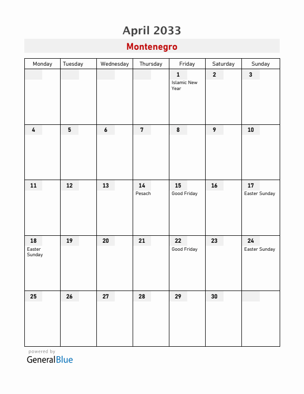 Montenegro April 2033 Calendar with Holidays