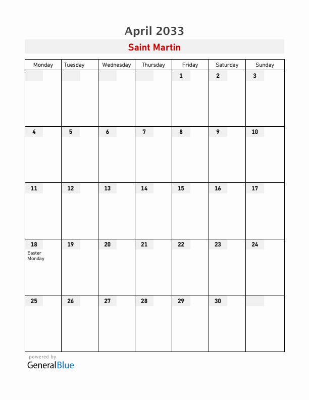 Saint Martin April 2033 Calendar with Holidays
