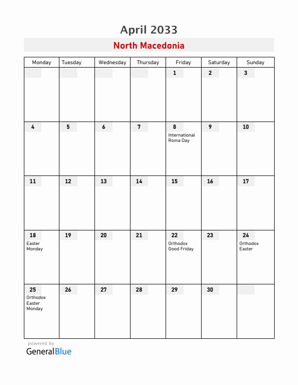 North Macedonia April 2033 Calendar with Holidays