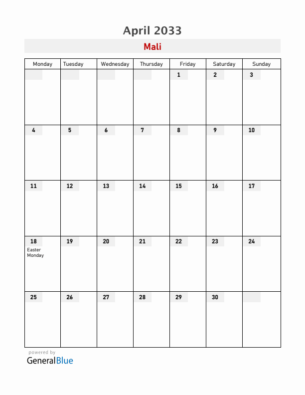 Mali April 2033 Calendar with Holidays