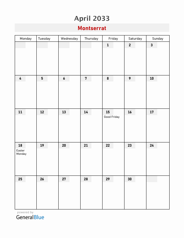 Montserrat April 2033 Calendar with Holidays