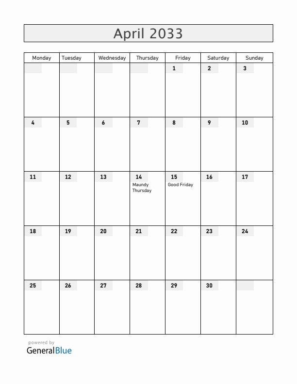 Mexico April 2033 Calendar with Holidays