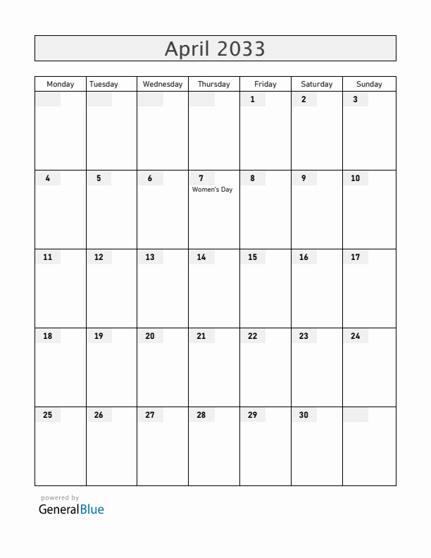 Mozambique April 2033 Calendar with Holidays