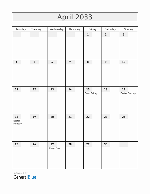 The Netherlands April 2033 Calendar with Holidays