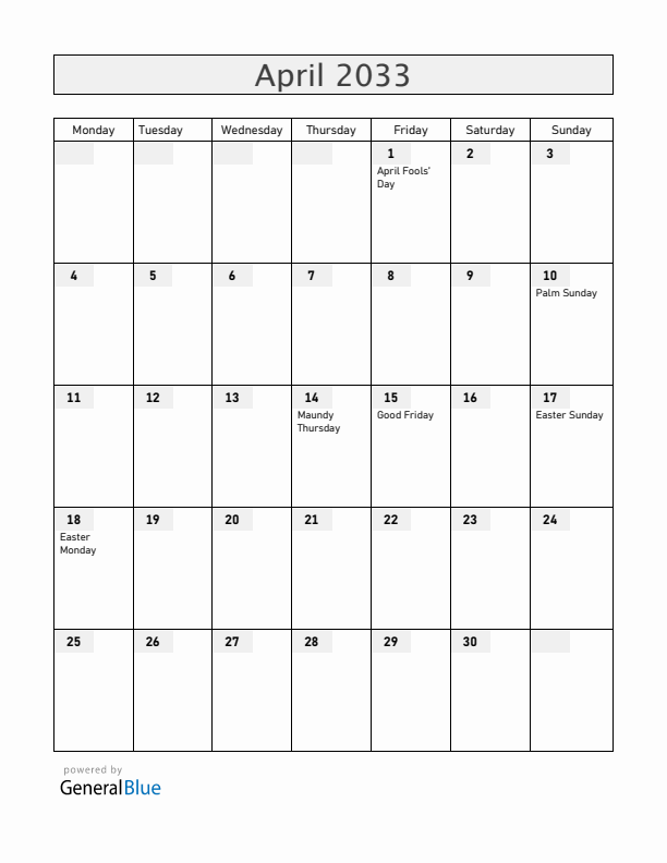 Norway April 2033 Calendar with Holidays