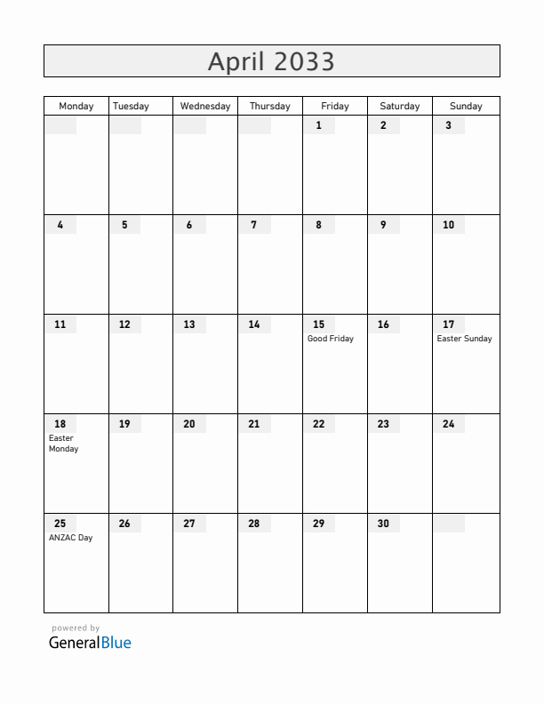 New Zealand April 2033 Calendar with Holidays
