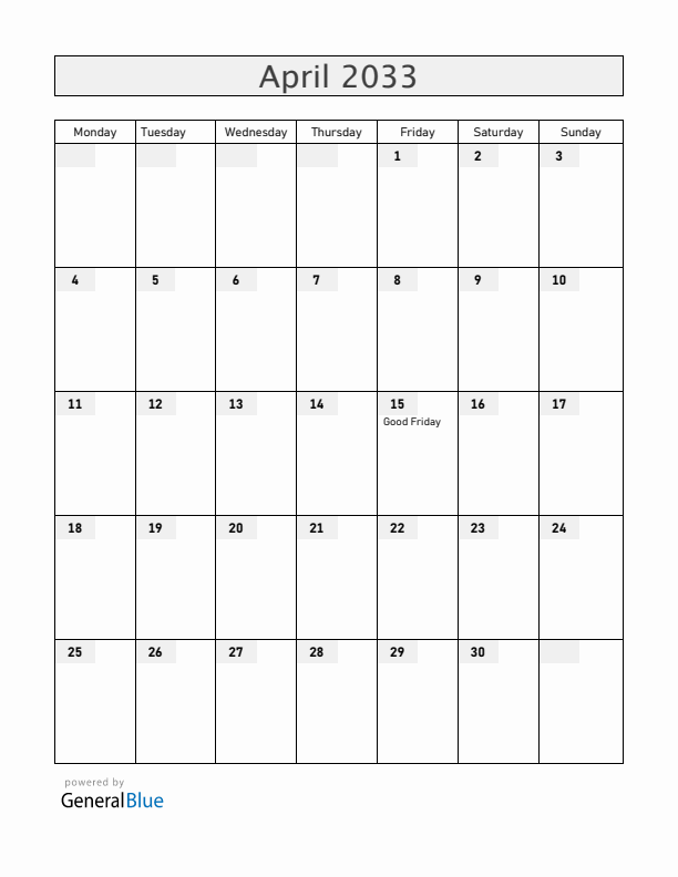 Panama April 2033 Calendar with Holidays