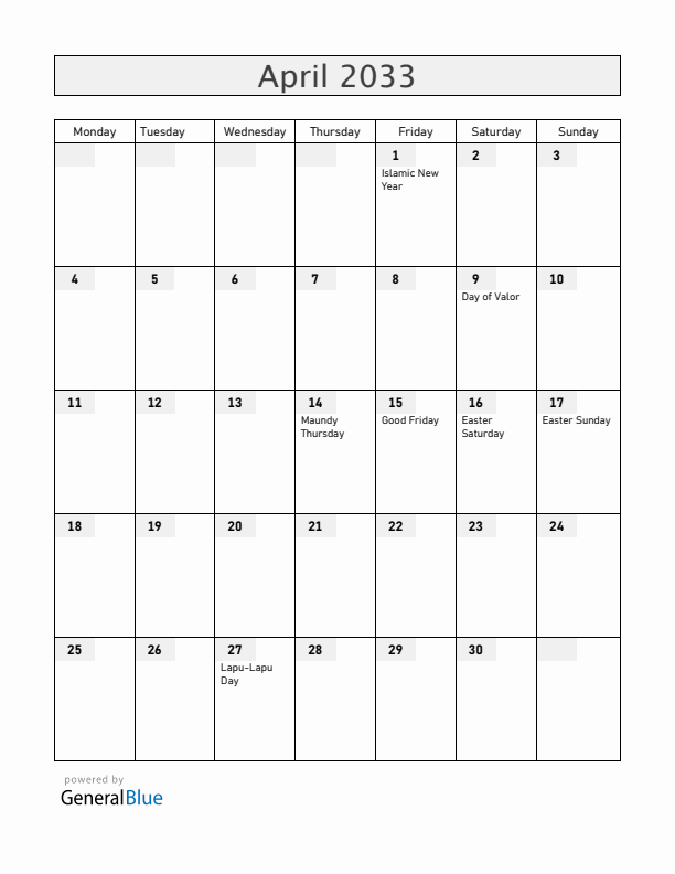 Philippines April 2033 Calendar with Holidays