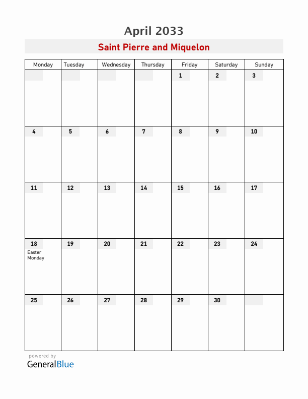 Saint Pierre and Miquelon April 2033 Calendar with Holidays