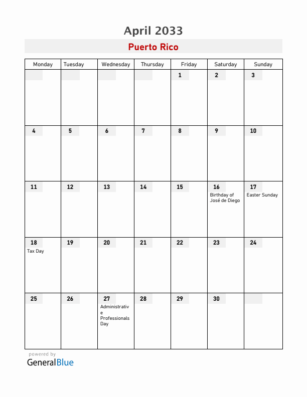 Puerto Rico April 2033 Calendar with Holidays