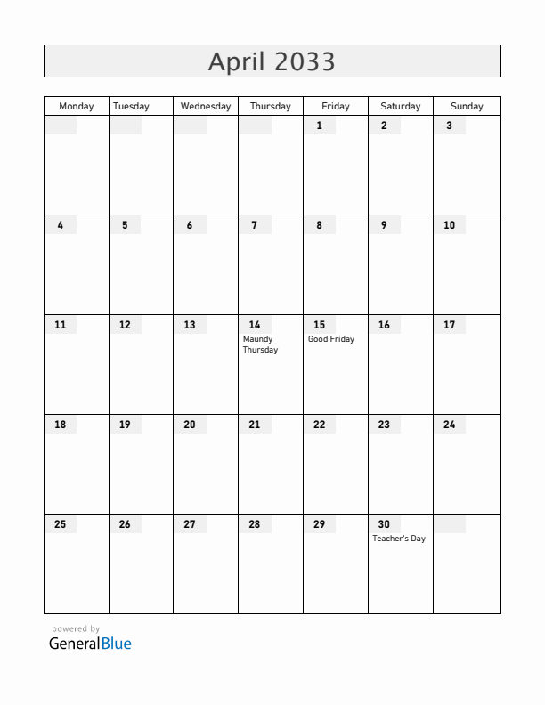 Paraguay April 2033 Calendar with Holidays