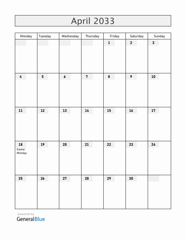 Reunion April 2033 Calendar with Holidays