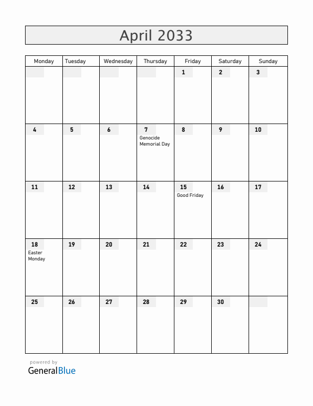 Rwanda April 2033 Calendar with Holidays