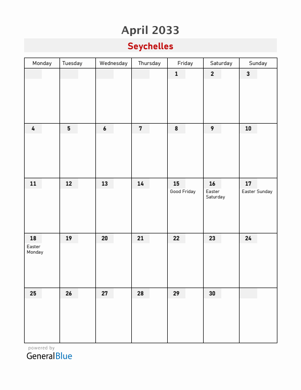 Seychelles April 2033 Calendar with Holidays