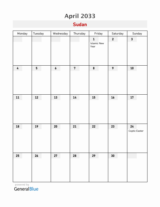 Sudan April 2033 Calendar with Holidays