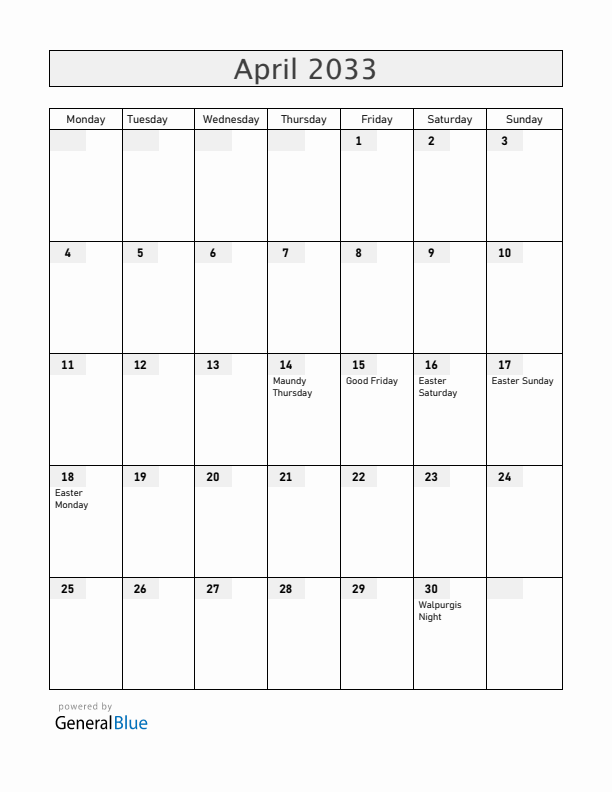 Sweden April 2033 Calendar with Holidays