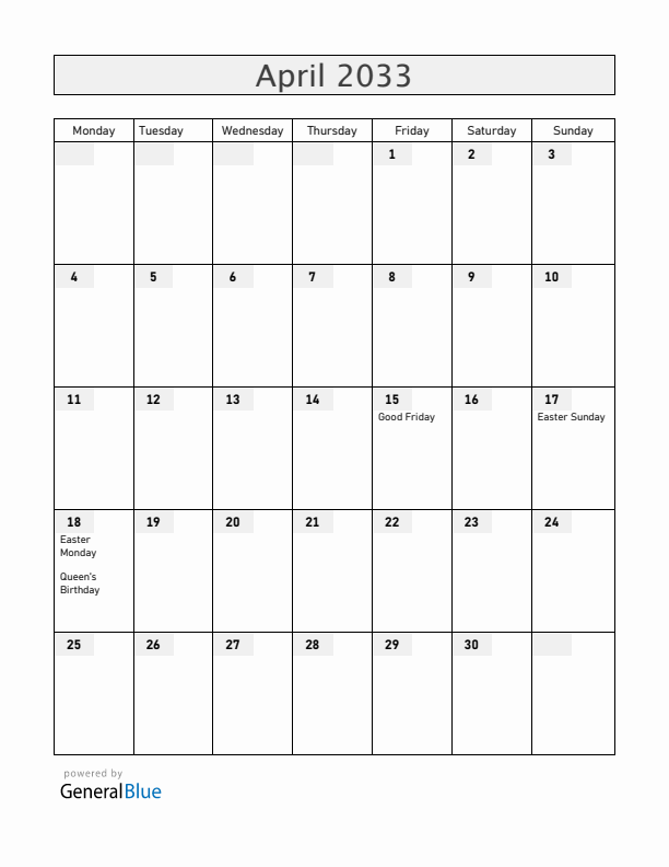 Saint Helena April 2033 Calendar with Holidays