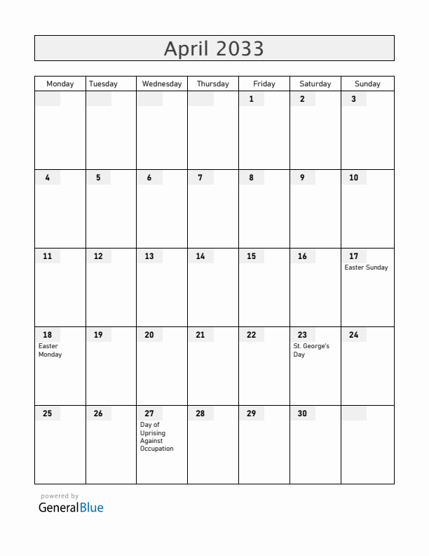 Slovenia April 2033 Calendar with Holidays