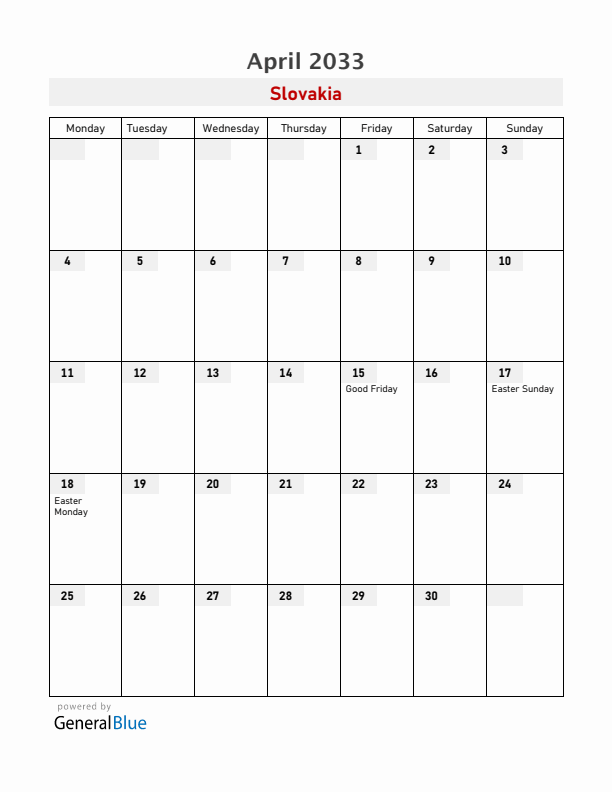 Slovakia April 2033 Calendar with Holidays
