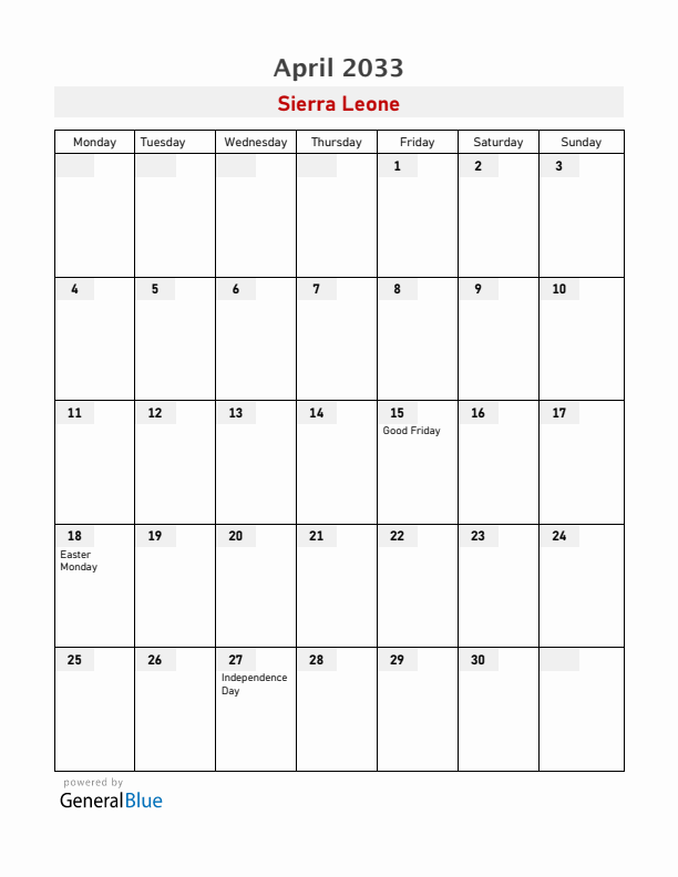 Sierra Leone April 2033 Calendar with Holidays