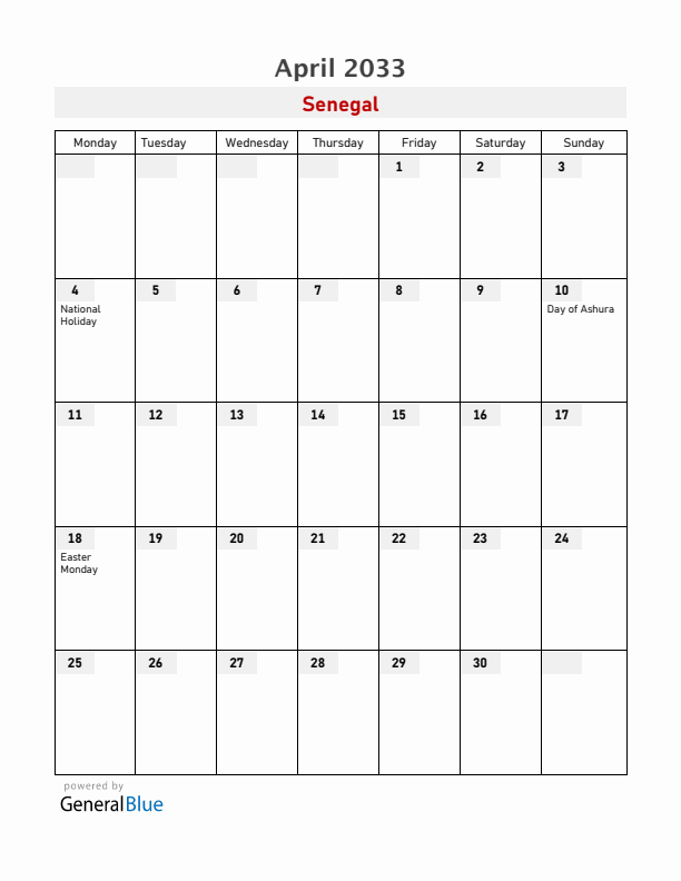 Senegal April 2033 Calendar with Holidays