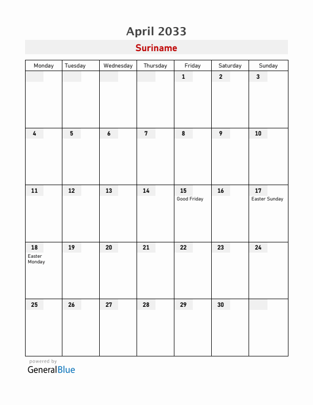 Suriname April 2033 Calendar with Holidays