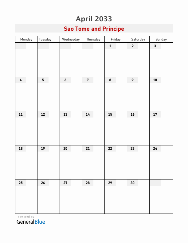 Sao Tome and Principe April 2033 Calendar with Holidays