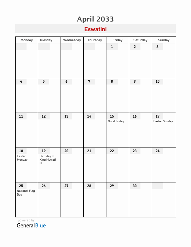 Eswatini April 2033 Calendar with Holidays