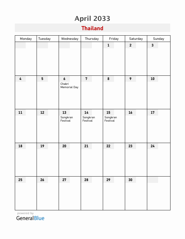 Thailand April 2033 Calendar with Holidays
