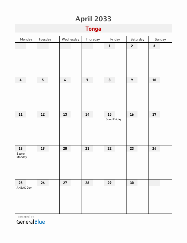 Tonga April 2033 Calendar with Holidays