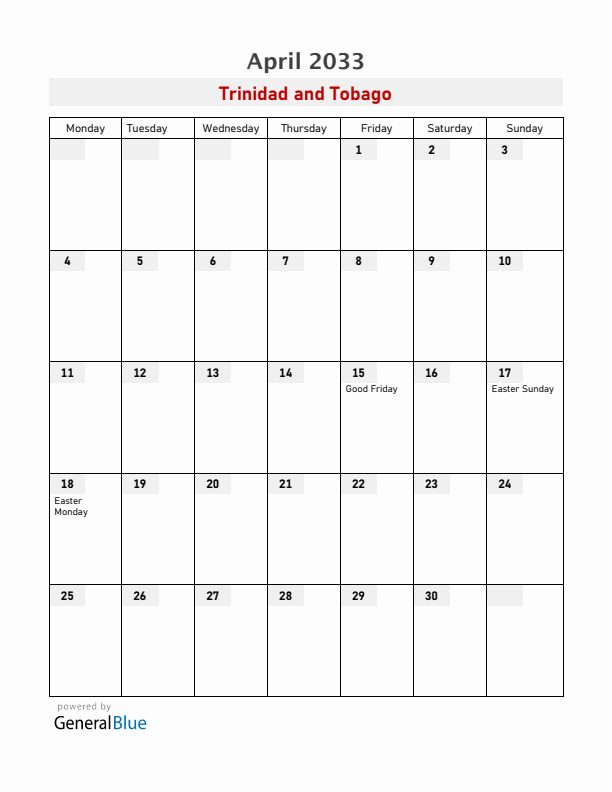 Trinidad and Tobago April 2033 Calendar with Holidays