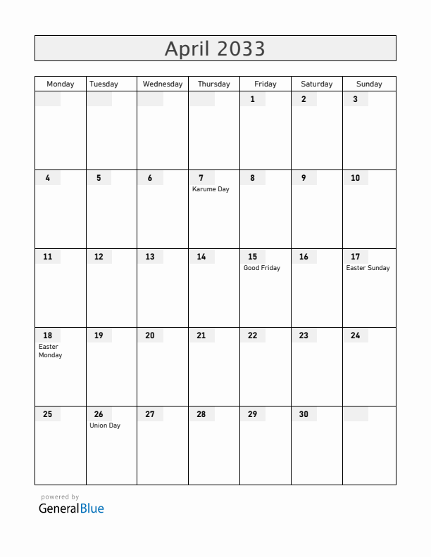 Tanzania April 2033 Calendar with Holidays
