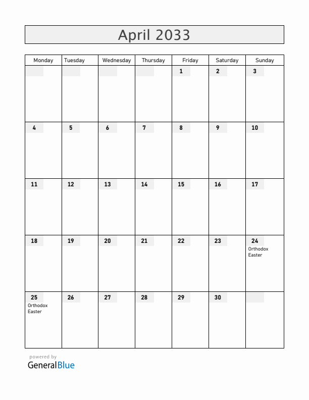 Ukraine April 2033 Calendar with Holidays