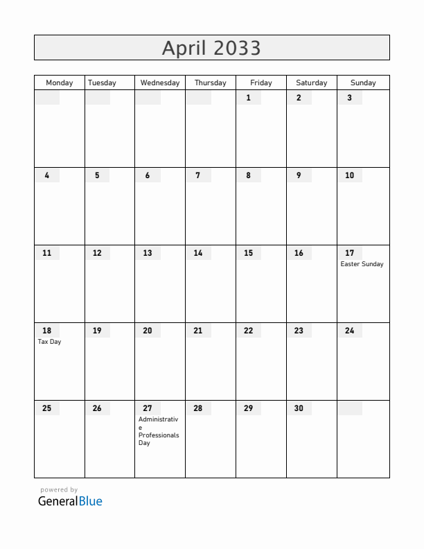 United States April 2033 Calendar with Holidays