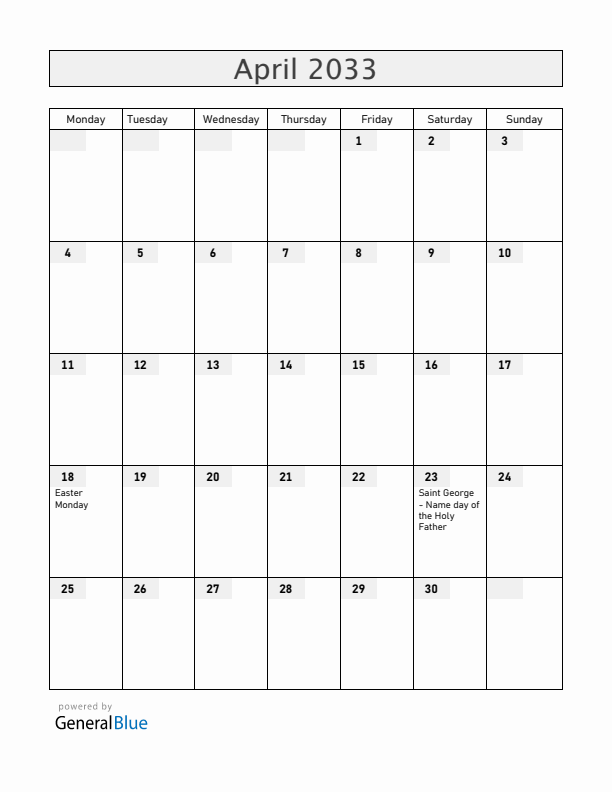 Vatican April 2033 Calendar with Holidays
