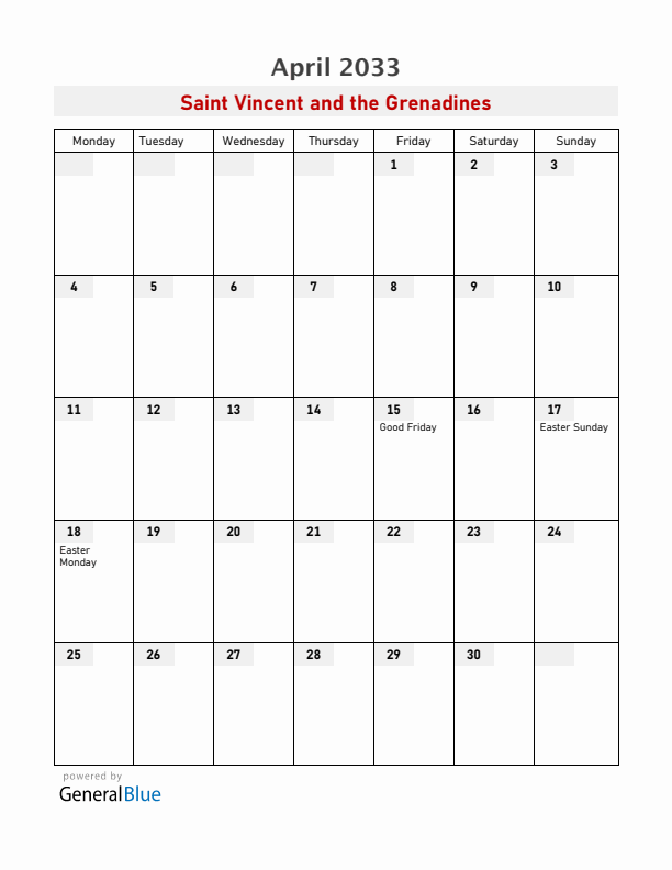 Saint Vincent and the Grenadines April 2033 Calendar with Holidays