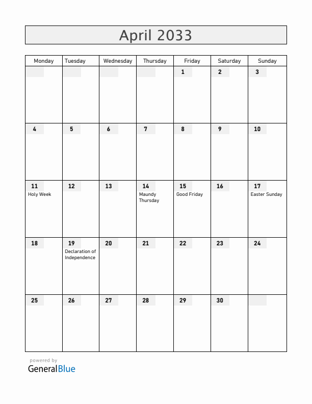 Venezuela April 2033 Calendar with Holidays