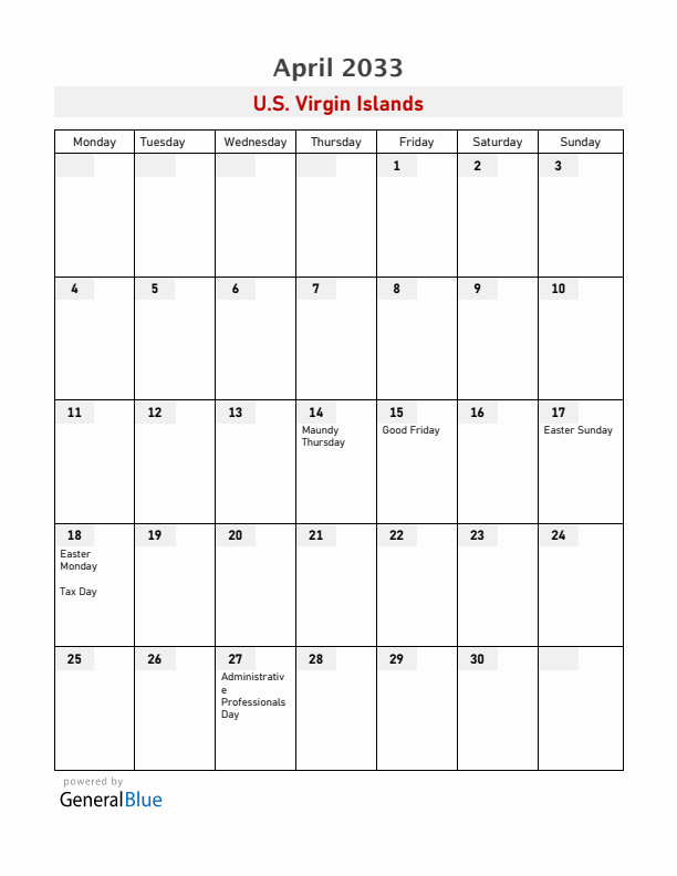 U.S. Virgin Islands April 2033 Calendar with Holidays