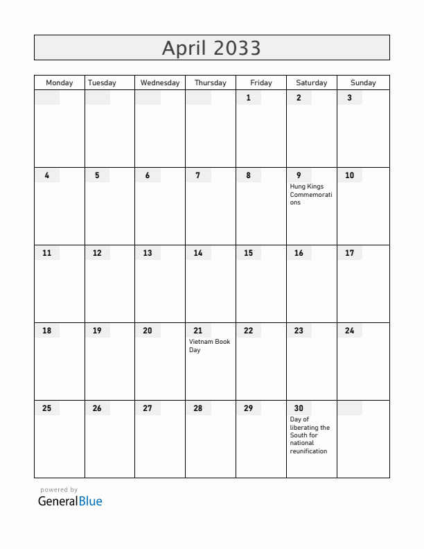 Vietnam April 2033 Calendar with Holidays