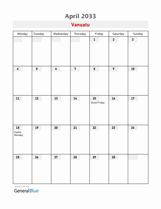 Vanuatu April 2033 Calendar with Holidays
